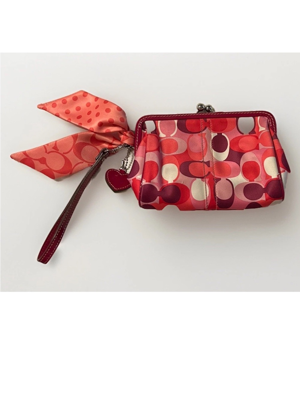 Coach Wristlet/Clutch, Scarf Print, Burgundy Leather Trim, Bow, Charm Vintage